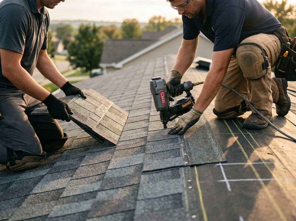Professional roofer working on a residential roof in Leisure World